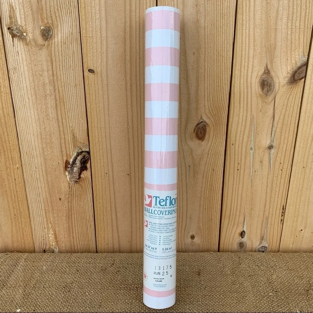 🆕 Vintage Teflon Wallcoverings Pink White Stripe Wallpaper 56 sq foot